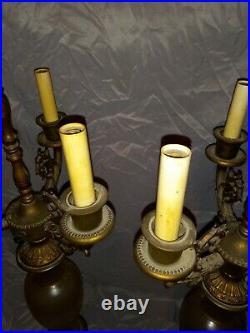 2 Vintage Lamps Candles Glass Metal Set Pair tall table lamps Antique rare