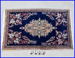 4x3 Rare Antique Blue Handmade Rug Vintage Floral Hand Knotted Handwoven Tribal