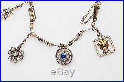 Antique 1920s Platinum 2ct Sapphire Diamond NATURAL Pearl Charm Bracelet RARE