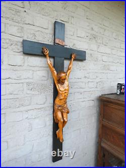 Antique 39,3 Wood carved crucifix church wall rare religious