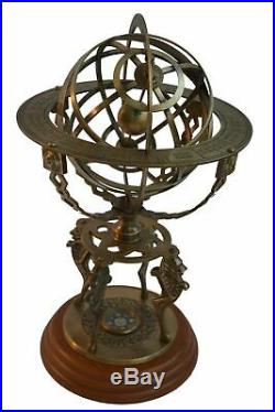 Antique Astrolabe Armillary Brass Desktop Globe Sphere Wooden Rare Vintage Gift