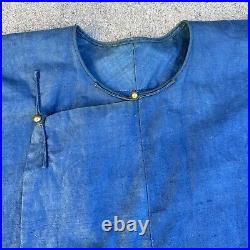 Antique Chinese Qing Dynasty Blue Indigo Robe Rare Gold Metal Buttons Vintage