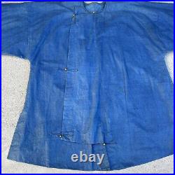 Antique Chinese Qing Dynasty Blue Indigo Robe Rare Gold Metal Buttons Vintage