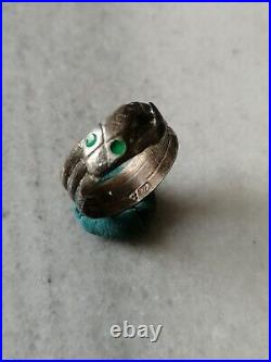 Antique Rare Sterling Silver, Enamel Occult Snake Ring US- 10