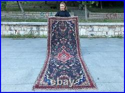 Antique Rare Vintage Runner Handknotted Medallion Floral Wool Boho Runner Rug