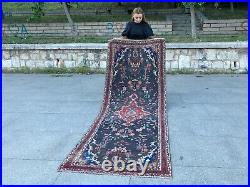 Antique Rare Vintage Runner Handknotted Medallion Floral Wool Boho Runner Rug