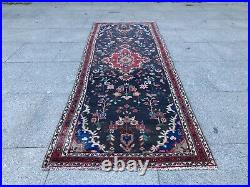 Antique Rare Vintage Runner Handknotted Medallion Floral Wool Boho Runner Rug