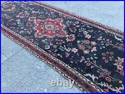 Antique Rare Vintage Runner Handknotted Medallion Floral Wool Boho Runner Rug