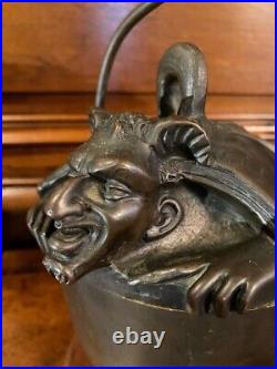 Antique The Devil In Pot Bronze Head Bat Wings Fire Statue Marble Rare Old 19th