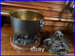Antique The Devil In Pot Bronze Head Bat Wings Fire Statue Marble Rare Old 19th