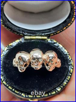 Antique Triple Skull Ring 14k Rose Gold Diamond Memento Mori Mourning Vtg RARE