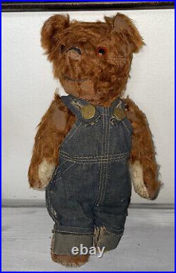 Antique Vintage 12 Mohair Teddy Bear Buddy Lee Denim Jeans Overalls Rare Style