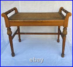 Antique Vintage Carved Solid Wood Cane Seat Vanity Bench, Piano Stool Rare
