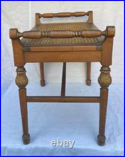 Antique Vintage Carved Solid Wood Cane Seat Vanity Bench, Piano Stool Rare
