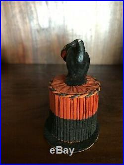 Antique Vintage Halloween Black Cat & Top Hat Paper Mache Candy Container RARE