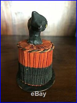 Antique Vintage Halloween Black Cat & Top Hat Paper Mache Candy Container RARE