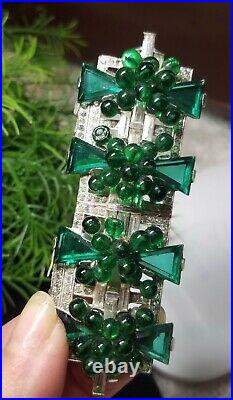 Antique/Vintage Poured Glass Rhineston Dress Fur Clip Emerald Green VERY RARE