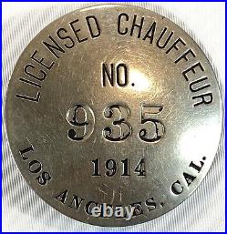 Antique Vintage RARE 1914 Los Angeles CAL. Licensed Chauffeur Driver Badge# 935