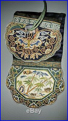 Antique Vintage Rare Chinese Qianlong Qing Silk embroidery Secret Pocket Purse