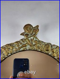 Antique Vintage Rare Old Oval Shaped Bronze Brass Mirror Angel Glass