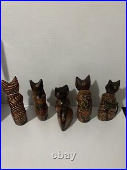 Antique Vintage Rare Wooden 5 Happy Cats Batik Bali Java Hand Crafted