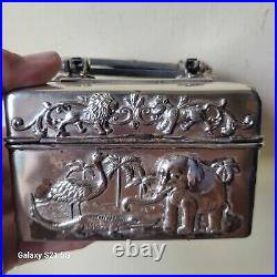 Antique Vintage Silver Plate Box w Exotic Animal Decorations 1800s RARE