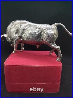 Antique Vintage Sterling Solid Silver X Large Rare Fighting Bull Figure Statue