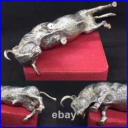 Antique Vintage Sterling Solid Silver X Large Rare Fighting Bull Figure Statue