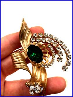 Antique -vintage Rare Austrian Art Deco Brooch Emerald Clr Green Crystal Vermeil