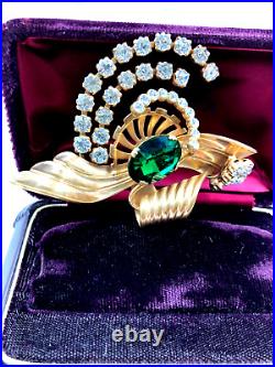 Antique -vintage Rare Austrian Art Deco Brooch Emerald Clr Green Crystal Vermeil
