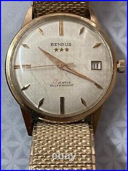BENRUS 34mm Date Vintage Watch 14K Yellow Gold Gents 39 Jewels Automatic RARE