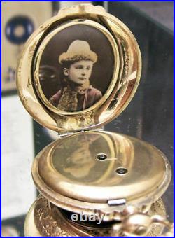 C1890 V Rare Antique Vintage Solid Gold Bespoke Portrait Pocket Watch & Locket