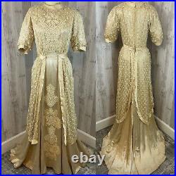 C1900-1910s Edwardian True Antique Wedding Gown Vintage Ivory Silk Dress RARE