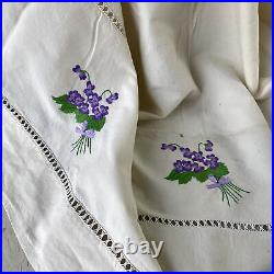 Embroidered floral RARE French linen cotton blend sheet c1940's vintage tex