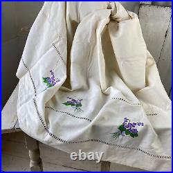 Embroidered floral RARE French linen cotton blend sheet c1940's vintage tex