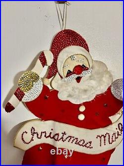 Finished Bucilla Felt Sequin Christmas Santa With Bella Wall Hanging 60's