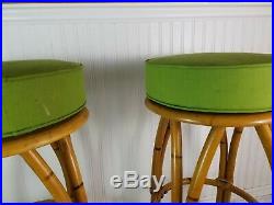 HEYWOOD WAKEFIELD Vintage Bar Stools Furniture Rattan Green Swivel Rare Labels