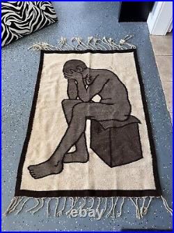 Handmade Rug Brown Beige Hand-Knotted Thinking man Vintage Rare! 35 X 48