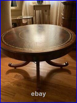 Inlaid Leather Round Drum Coffee Table 32 Wide 19 Tall Duncan Phyfe Style RARE