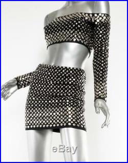 NORMA KAMALI Womens VINTAGE Black NICKEL-STUDDED Mini Skirt Crop Top Set S RARE
