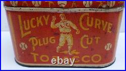 RARE! 1920s ANTIQUE VINTAGE BASEBALL LUCKY CURVE TOBACCO CIGAR PLUG CUT TIN BOX
