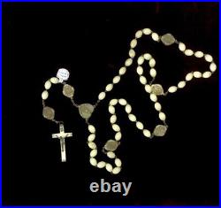 RARE 1950s VINTAGE URANIUM GLOWING VASELINE GLASS ROSARY 32 MADE IN ITALY TAG