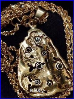 RARE 24.2 grams 14k Yellow SOLID Gold & Diamond Nugget Pendant with 14k Rope Chain