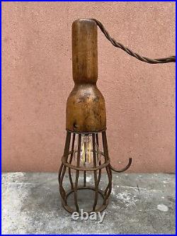 RARE ANTIQUE HANDMADE 20's EARLY INDUSTRIAL VINTAGE CAGED INSPECTION LAMP WOOD