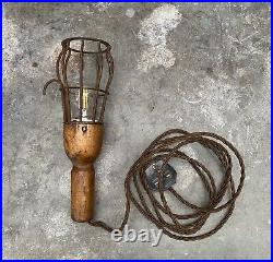 RARE ANTIQUE HANDMADE 20's EARLY INDUSTRIAL VINTAGE CAGED INSPECTION LAMP WOOD