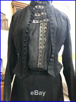 RARE ANTIQUE VICTORIAN 1880's 5 PC Black TAFFETA SKIRT TOP Mourning Dress