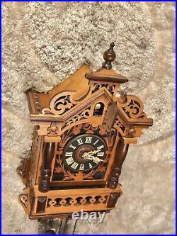 RARE Antique Germany Black Forest Strike Cuckoo Clock, 2 Brass Weight Driven