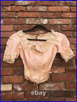 RARE Antique Victorian French Pink Cotton Bodice With Lace Trim AS IS