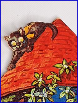 RARE Antique Victorian Valentine Card Die Cut Vintage Cute Boy & Girl, Black Cat