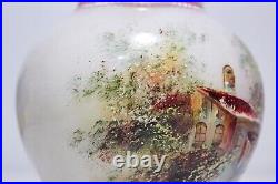 RARE Antique Vintage Hand Painted Scene on Glass Ruffled Top Vase